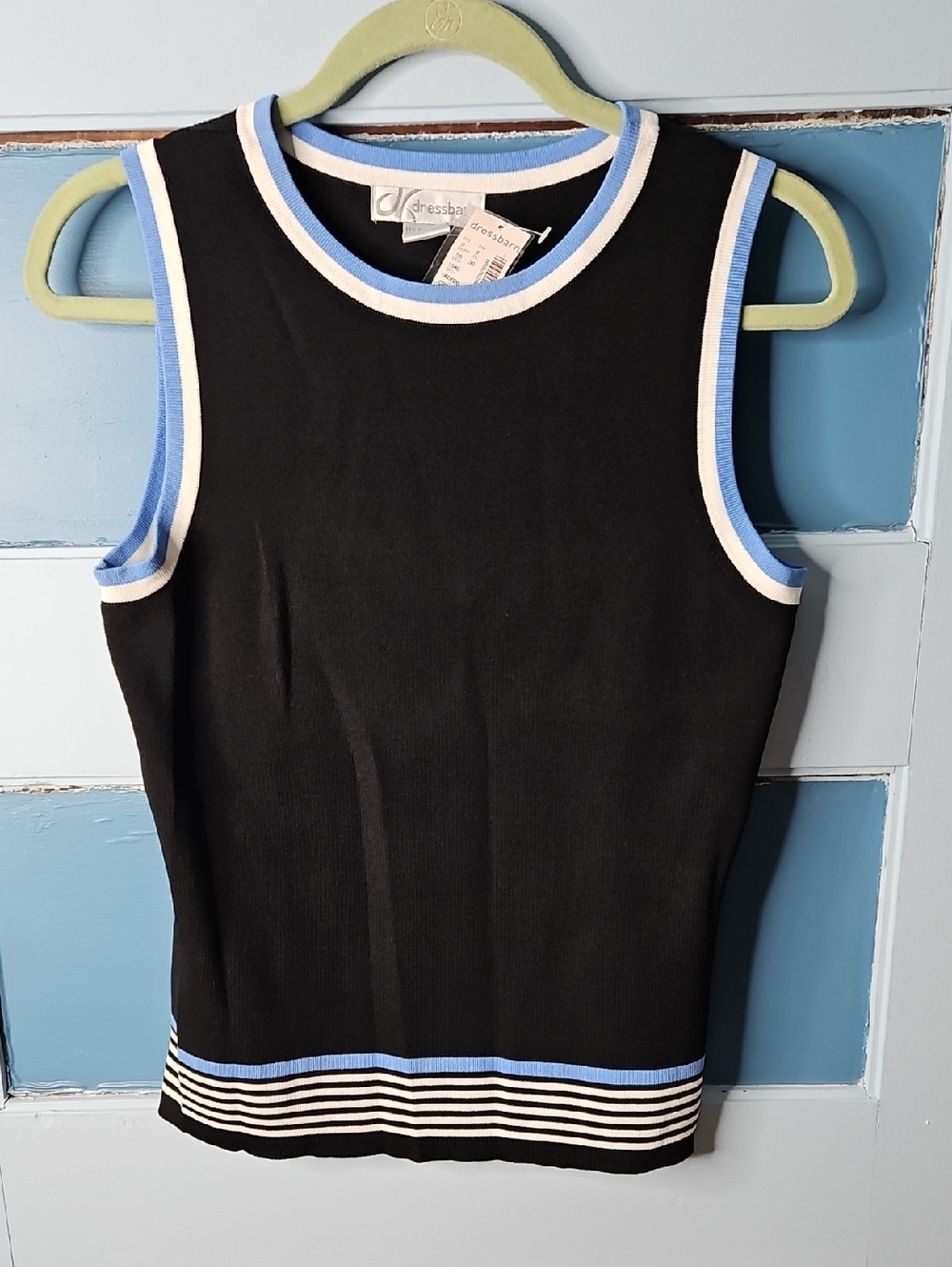 dressbarn Black Ribbed Sleeveless Tank with Blue and White Trim Sweater Vest L